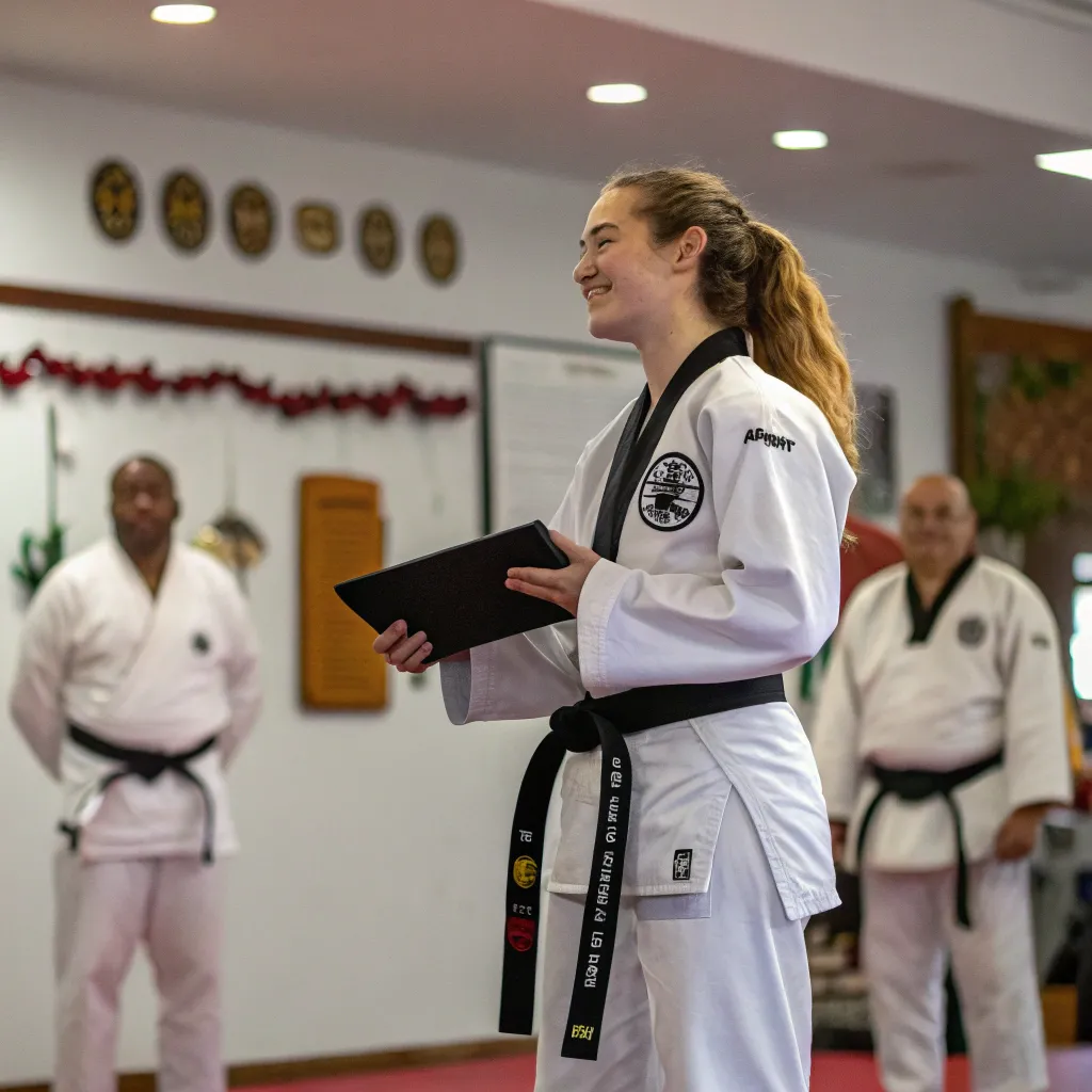 Emma Collins receiving her black belt