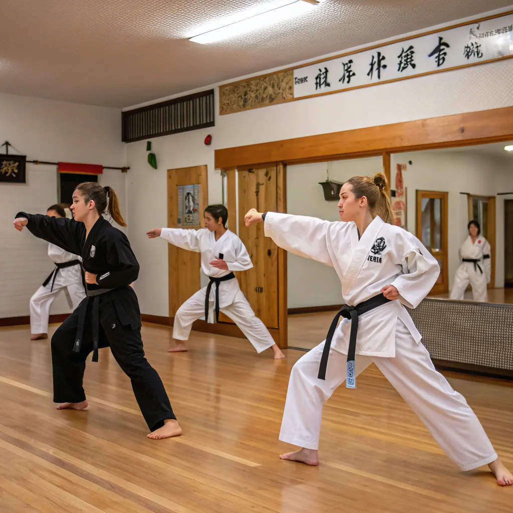 Karate class session with black belts