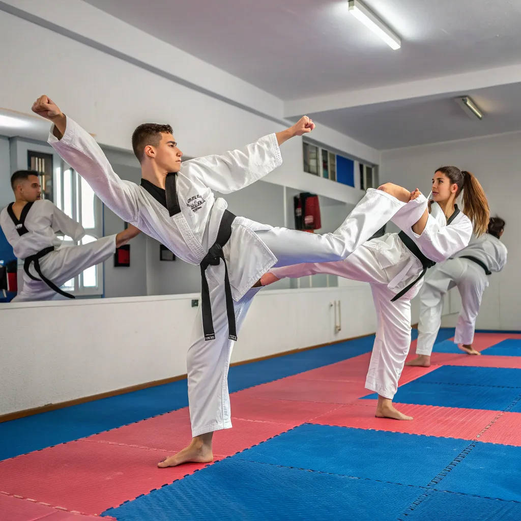 Taekwondo training with a group performing kicks